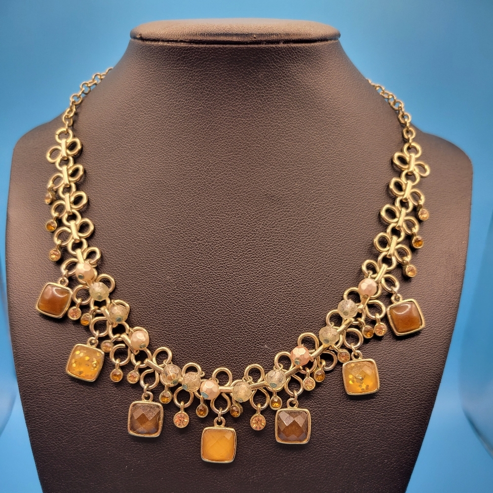 Vintage Gold tone Dangle Faux Plastic Rhinestone Choker Necklace